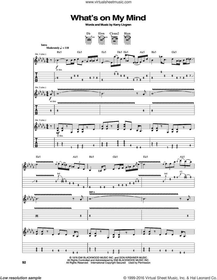 What's On My Mind sheet music for guitar (tablature) by Kansas and Kerry Livgren, intermediate skill level
