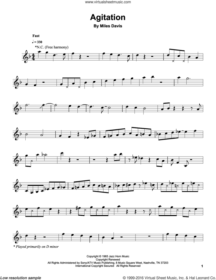 Agitation sheet music for trumpet solo (transcription) by Miles Davis, intermediate trumpet (transcription)