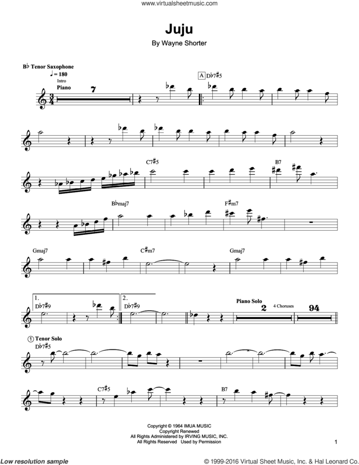 Juju sheet music for tenor saxophone solo (transcription) by Wayne Shorter, intermediate tenor saxophone (transcription)