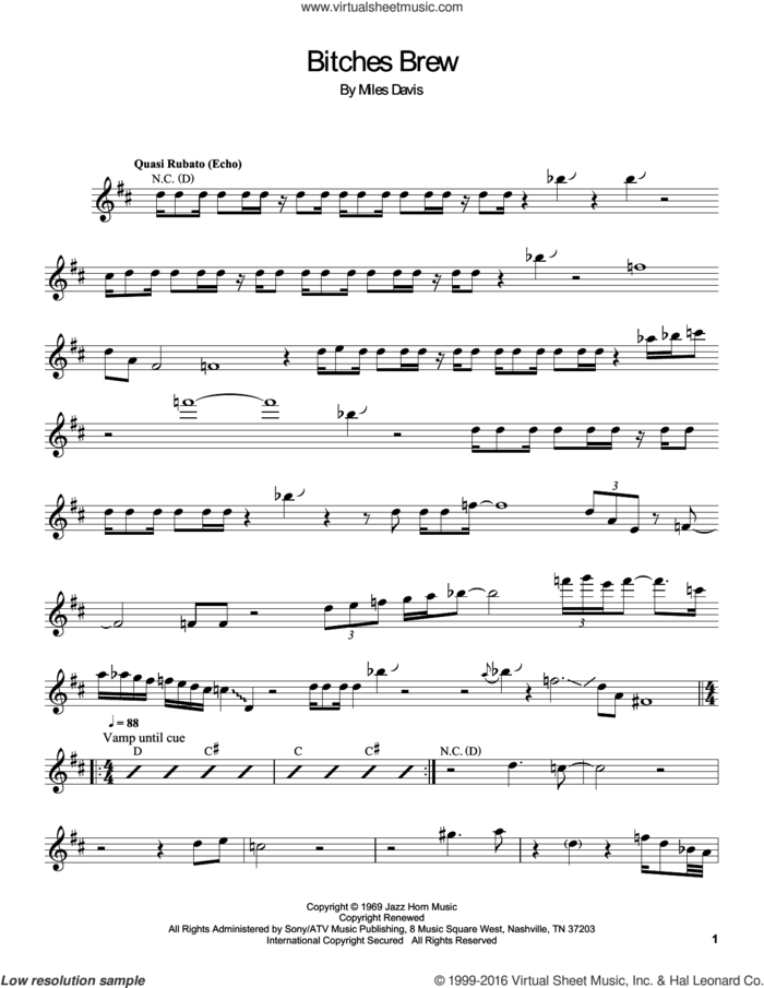 Bitches Brew sheet music for trumpet solo (transcription) by Miles Davis, intermediate trumpet (transcription)