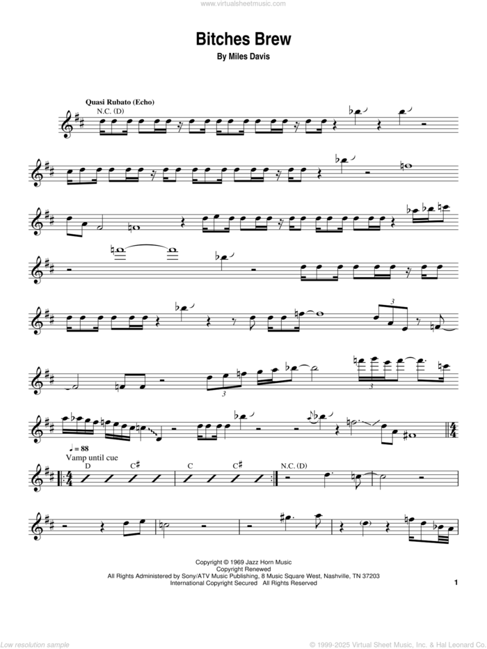 Bitches Brew sheet music for trumpet solo (transcription) by Miles Davis, intermediate trumpet (transcription)