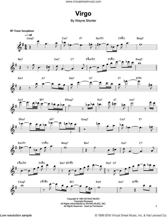Virgo sheet music for tenor saxophone solo (transcription) by Wayne Shorter, intermediate tenor saxophone (transcription)