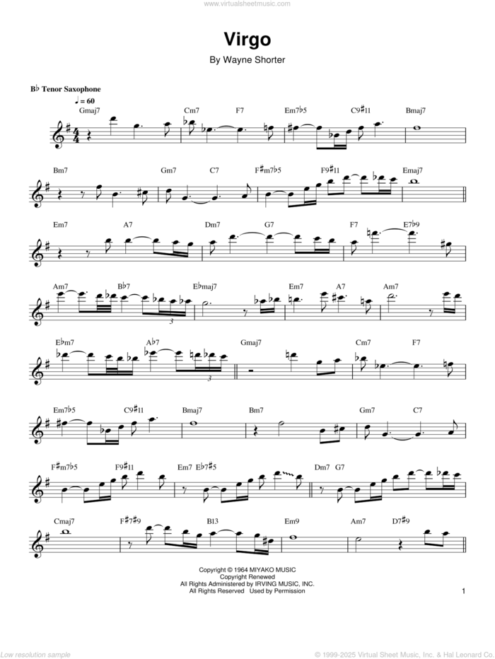 Virgo sheet music for tenor saxophone solo (transcription) by Wayne Shorter, intermediate tenor saxophone (transcription)