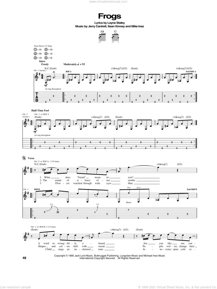 Frogs sheet music for guitar (tablature) by Alice In Chains, Jerry Cantrell, Layne Staley, Mike Inez and Sean Kinney, intermediate skill level