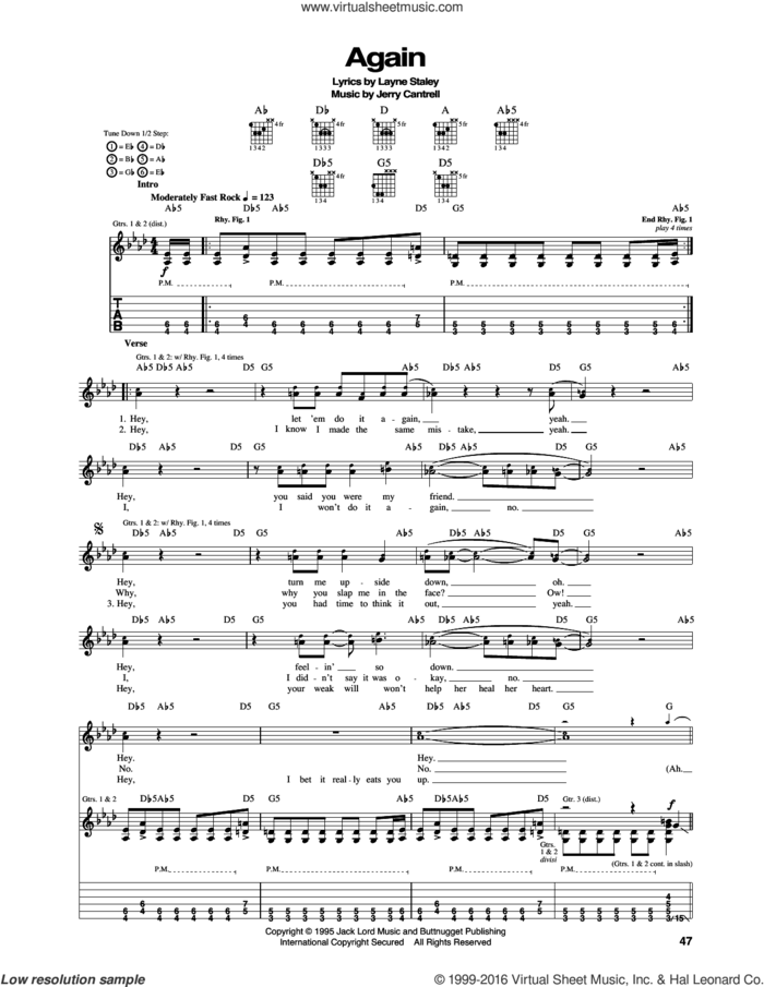 Again sheet music for guitar (tablature) by Alice In Chains, Jerry Cantrell and Layne Staley, intermediate skill level