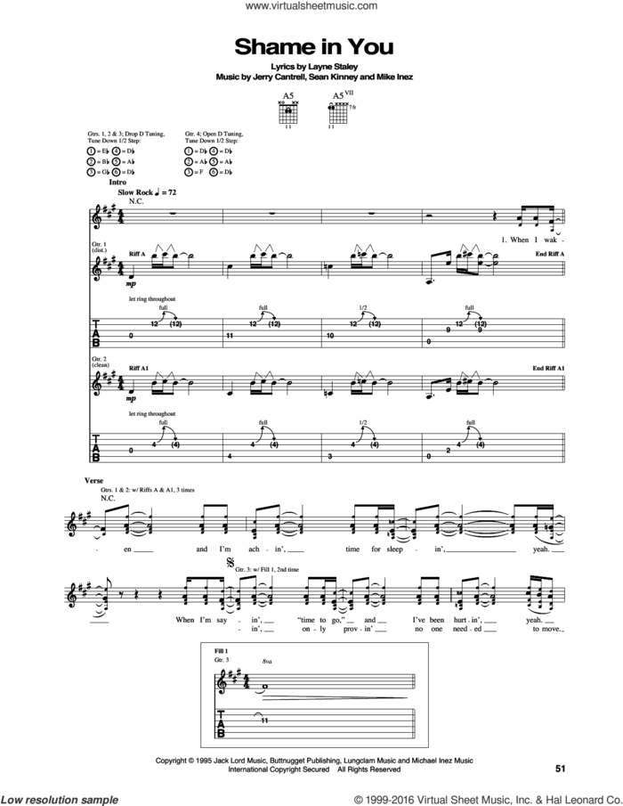 Shame In You sheet music for guitar (tablature) by Alice In Chains, Jerry Cantrell, Layne Staley, Mike Inez and Sean Kinney, intermediate skill level