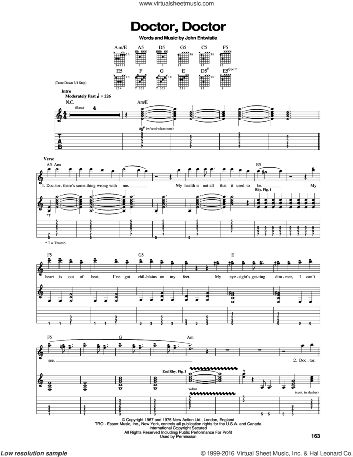 Doctor, Doctor sheet music for guitar (tablature) by The Who, intermediate skill level