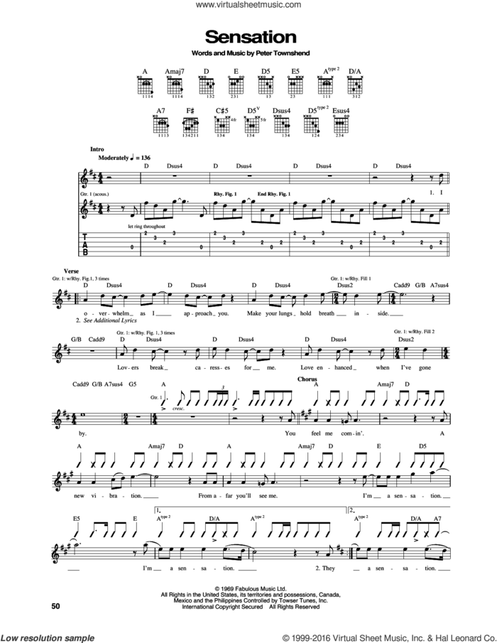 Sensation sheet music for guitar (tablature) by The Who and Pete Townshend, intermediate skill level