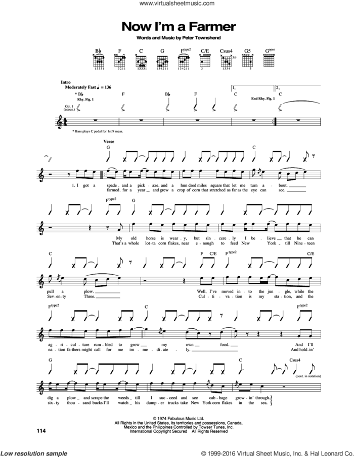 Now I'm A Farmer sheet music for guitar (tablature) by The Who and Pete Townshend, intermediate skill level