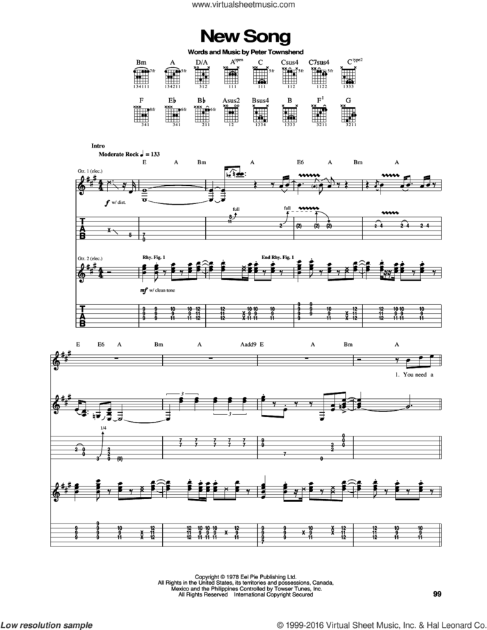 New Song sheet music for guitar (tablature) by The Who and Pete Townshend, intermediate skill level