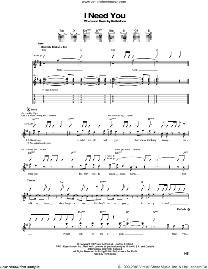 I Need You sheet music for guitar (tablature) by The Who and Keith Moon, intermediate skill level