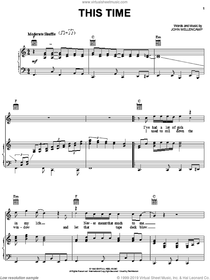 This Time sheet music for voice, piano or guitar by John Mellencamp, intermediate skill level