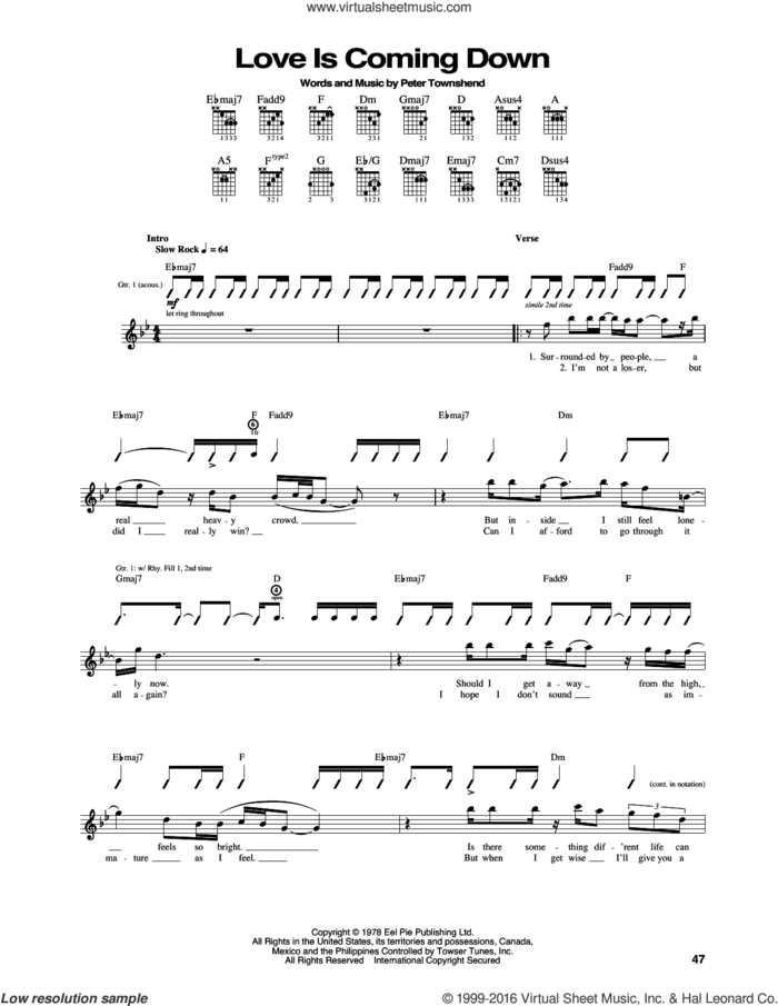 Love Is Coming Down sheet music for guitar (tablature) by The Who and Pete Townshend, intermediate skill level