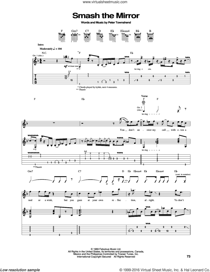 Smash The Mirror sheet music for guitar (tablature) by The Who and Pete Townshend, intermediate skill level