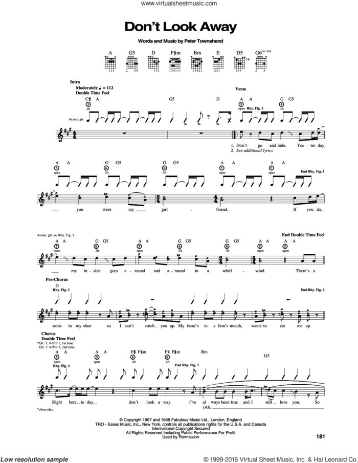 Don't Look Away sheet music for guitar (tablature) by The Who and Pete Townshend, intermediate skill level