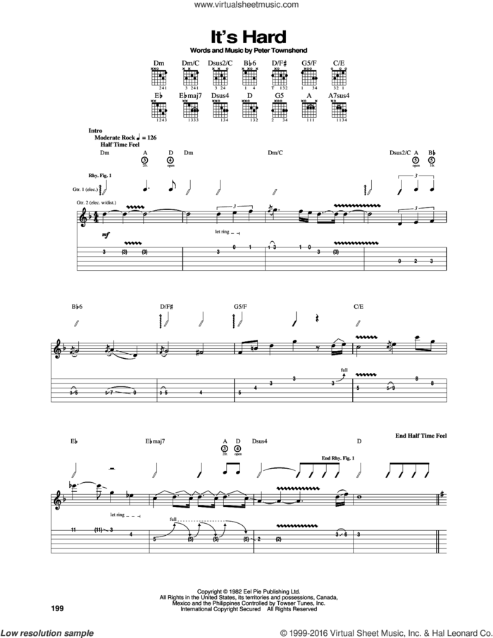 It's Hard sheet music for guitar (tablature) by The Who and Pete Townshend, intermediate skill level