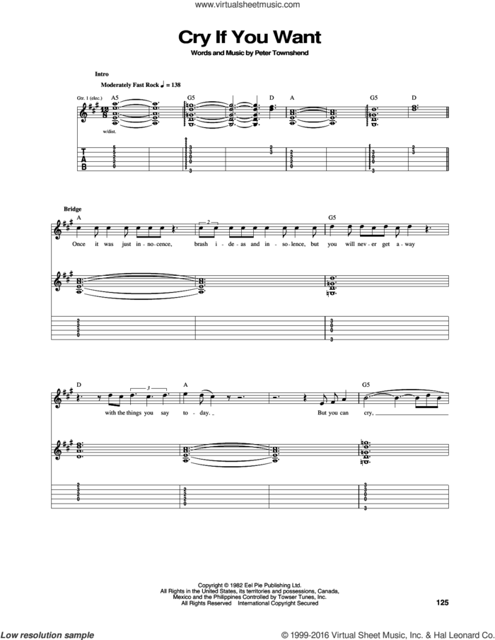 Cry If You Want sheet music for guitar (tablature) by The Who and Pete Townshend, intermediate skill level