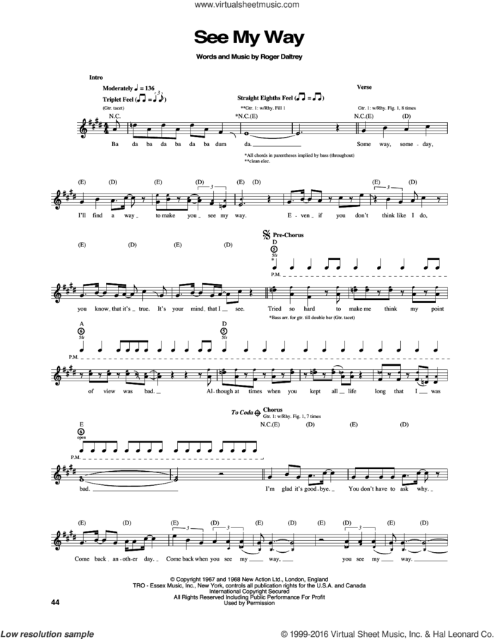 See My Way sheet music for guitar (tablature) by The Who and Pete Townshend, intermediate skill level