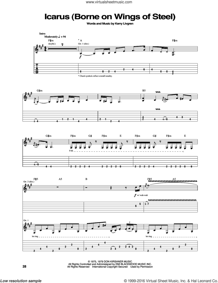 Icarus (Borne On Wings Of Steel) sheet music for guitar (tablature) by Kansas and Kerry Livgren, intermediate skill level