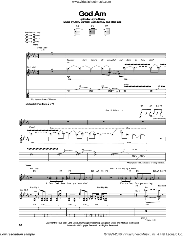 God Am sheet music for guitar (tablature) by Alice In Chains, Jerry Cantrell, Layne Staley, Mike Inez and Sean Kinney, intermediate skill level