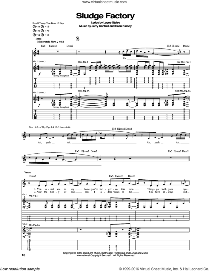 Sludge Factory sheet music for guitar (tablature) by Alice In Chains, Jerry Cantrell, Layne Staley and Sean Kinney, intermediate skill level