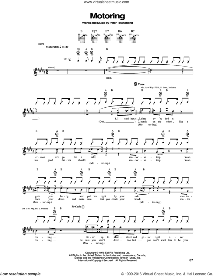 Motoring sheet music for guitar (tablature) by The Who and William 'Mickey' Stevenson, intermediate skill level