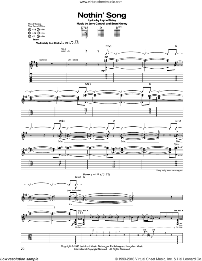 Nothin' Song sheet music for guitar (tablature) by Alice In Chains, Jerry Cantrell, Layne Staley and Sean Kinney, intermediate skill level