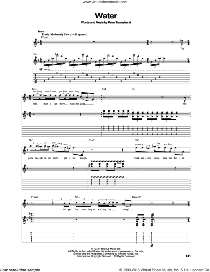 Water sheet music for guitar (tablature) by The Who and Pete Townshend, intermediate skill level