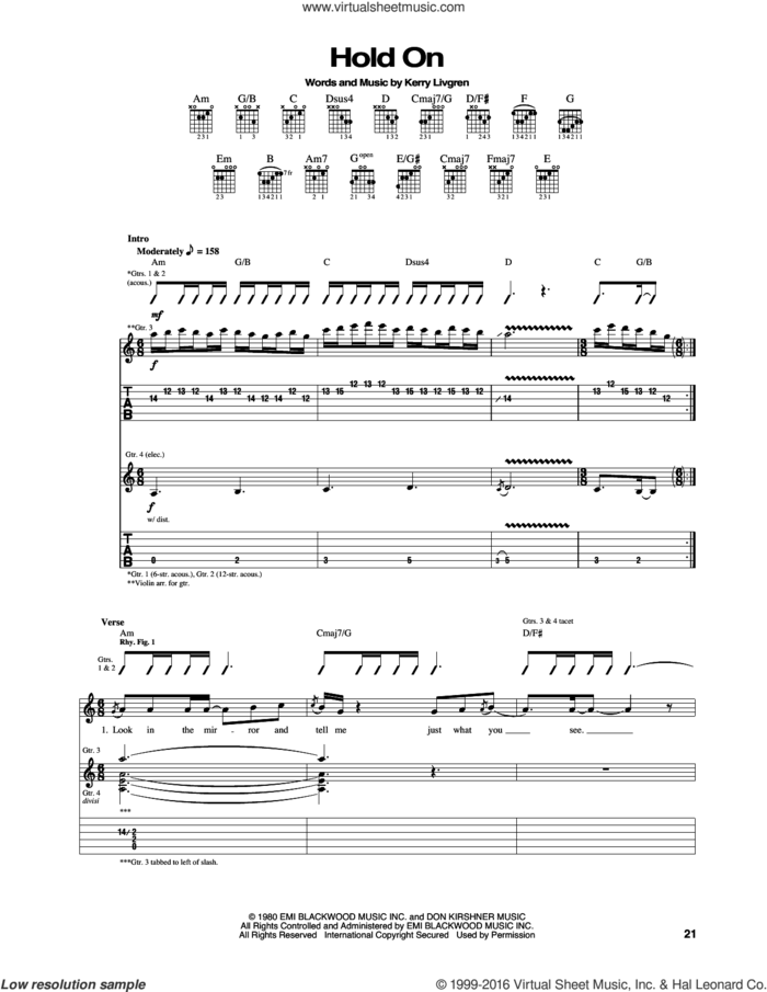 Hold On sheet music for guitar (tablature) by Kansas and Kerry Livgren, intermediate skill level