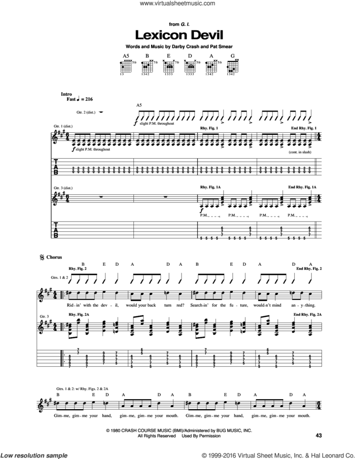 Lexicon Devil sheet music for guitar (tablature) by The Germs, Darby Crash and Pat Smear, intermediate skill level