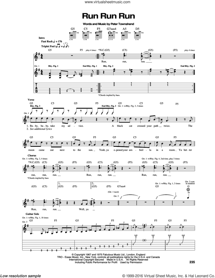Run Run Run sheet music for guitar (tablature) by The Who and Pete Townshend, intermediate skill level