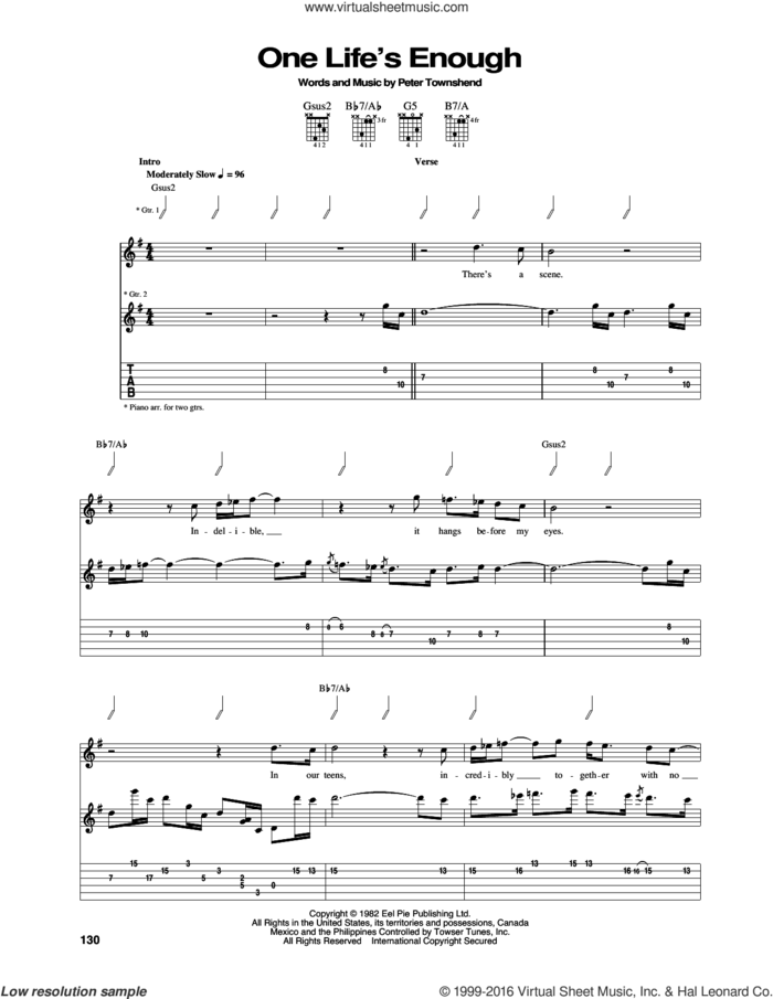 One Life's Enough sheet music for guitar (tablature) by The Who and Pete Townshend, intermediate skill level