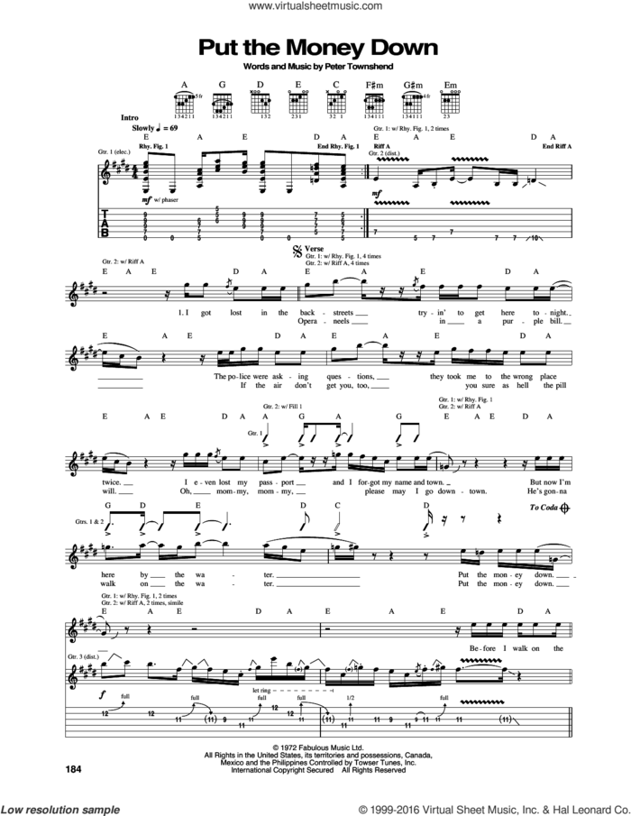 Put The Money Down sheet music for guitar (tablature) by The Who and Pete Townshend, intermediate skill level