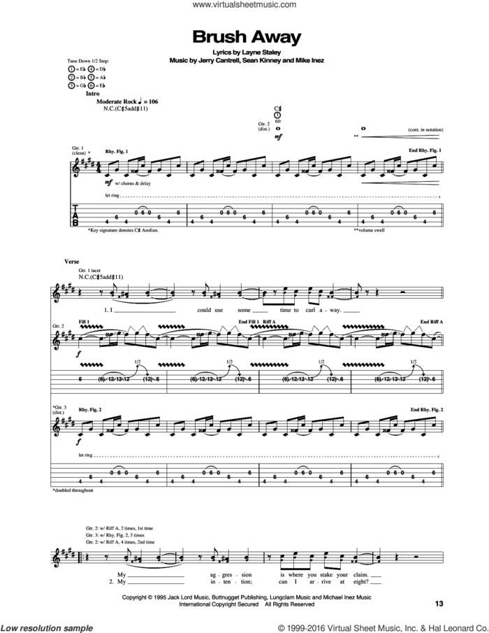 Brush Away sheet music for guitar (tablature) by Alice In Chains, Jerry Cantrell, Layne Staley, Mike Inez and Sean Kinney, intermediate skill level