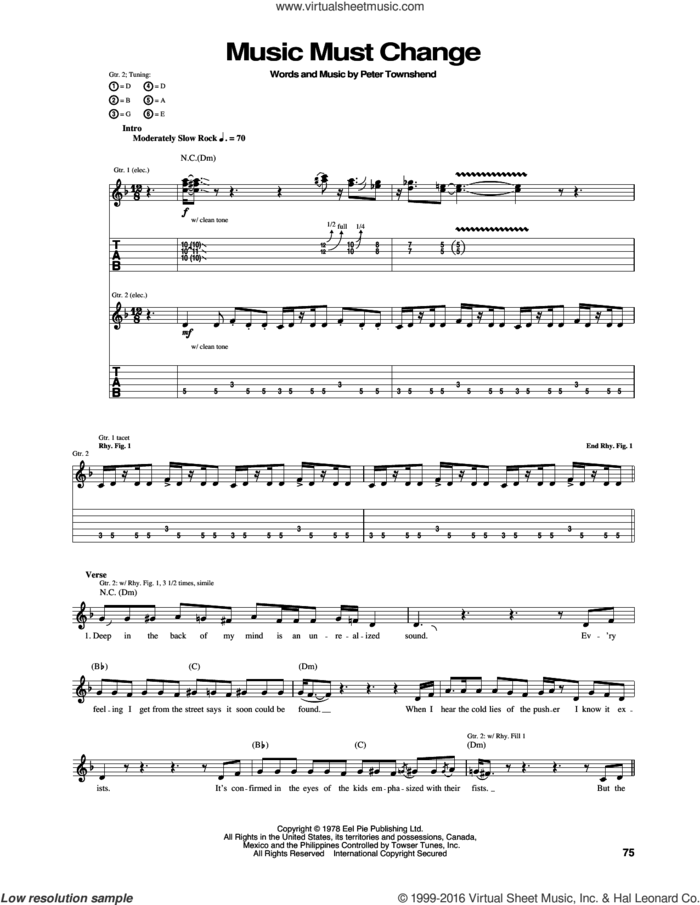 Music Must Change sheet music for guitar (tablature) by The Who and Pete Townshend, intermediate skill level