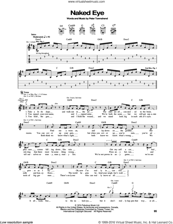 Naked Eye sheet music for guitar (tablature) by The Who and Pete Townshend, intermediate skill level