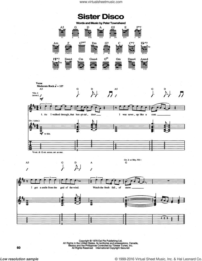 Sister Disco sheet music for guitar (tablature) by The Who and Pete Townshend, intermediate skill level