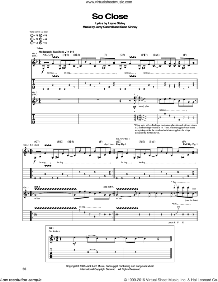So Close sheet music for guitar (tablature) by Alice In Chains, Jerry Cantrell, Layne Staley and Sean Kinney, intermediate skill level
