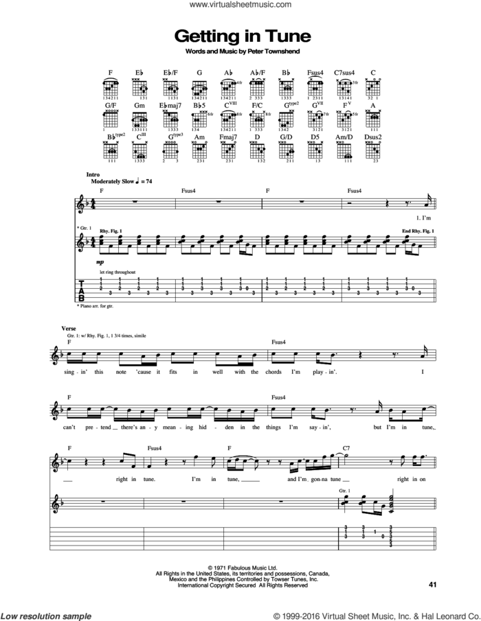 Getting In Tune sheet music for guitar (tablature) by The Who and Pete Townshend, intermediate skill level