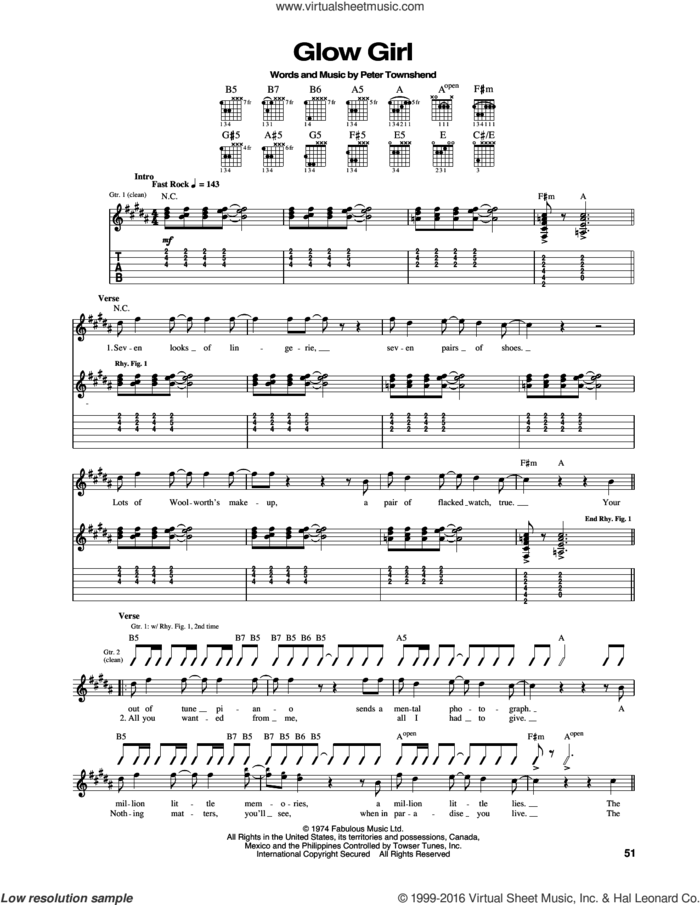Glow Girl sheet music for guitar (tablature) by The Who and Pete Townshend, intermediate skill level