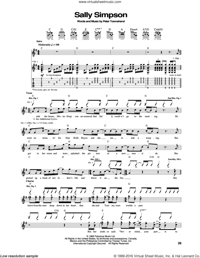 Sally Simpson sheet music for guitar (tablature) by The Who and Pete Townshend, intermediate skill level