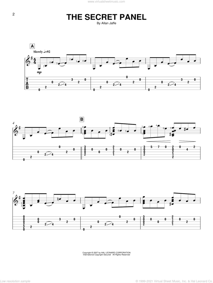 The Secret Panel sheet music for guitar solo (easy tablature) by Allan Jaffe, easy guitar (easy tablature)