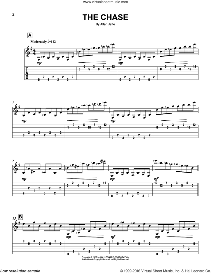 The Chase sheet music for guitar solo (easy tablature) by Allan Jaffe, easy guitar (easy tablature)