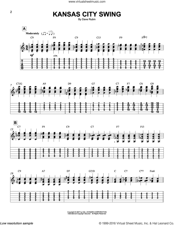 Kansas City Swing sheet music for guitar solo (easy tablature) by Dave Rubin, easy guitar (easy tablature)
