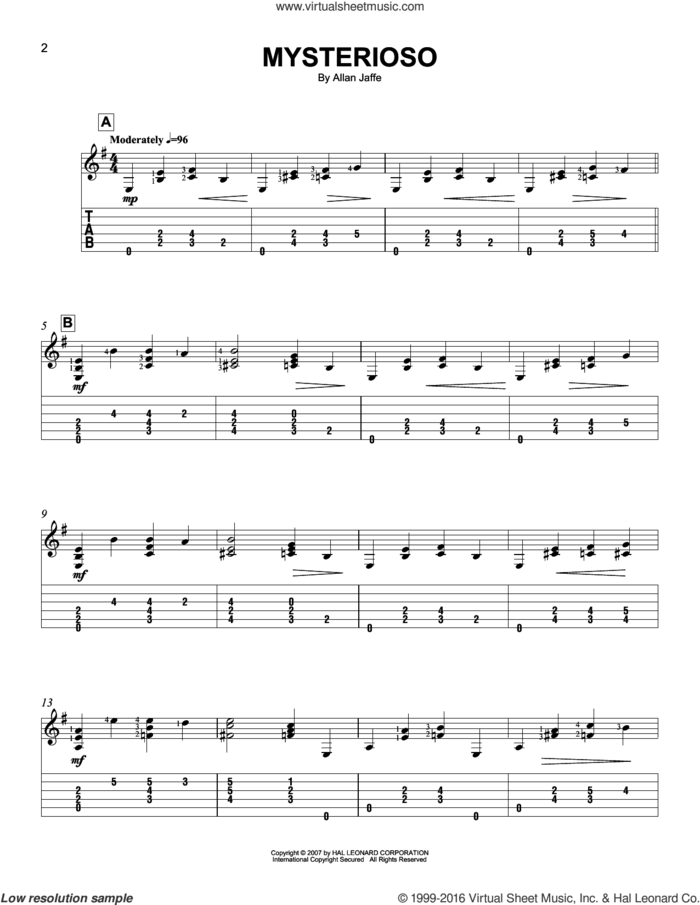 Mysterioso sheet music for guitar solo (easy tablature) by Allan Jaffe, easy guitar (easy tablature)