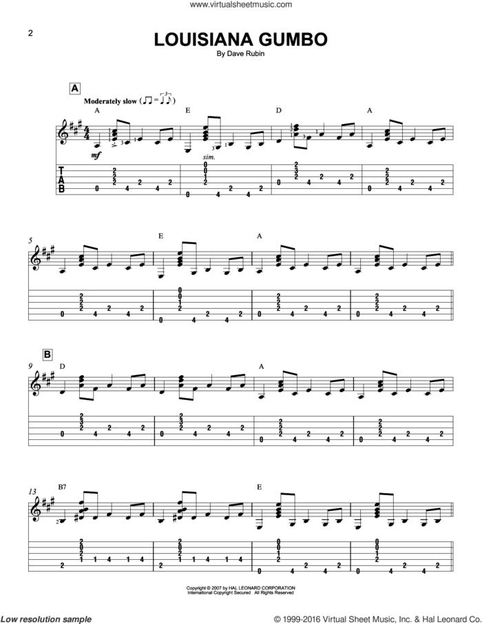 Louisiana Gumbo sheet music for guitar solo (easy tablature) by Dave Rubin, easy guitar (easy tablature)