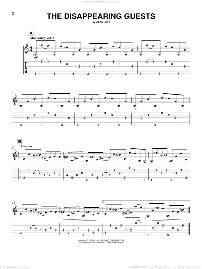 The Disappearing Guests sheet music for guitar solo (easy tablature) by Allan Jaffe, easy guitar (easy tablature)