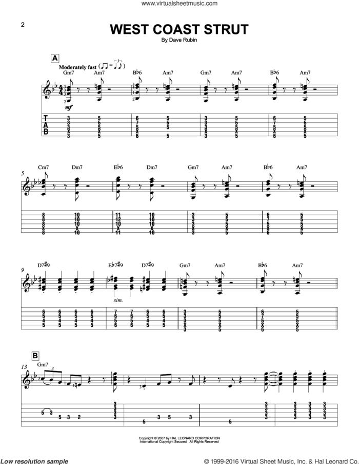 West Coast Strut sheet music for guitar solo (easy tablature) by Dave Rubin, easy guitar (easy tablature)
