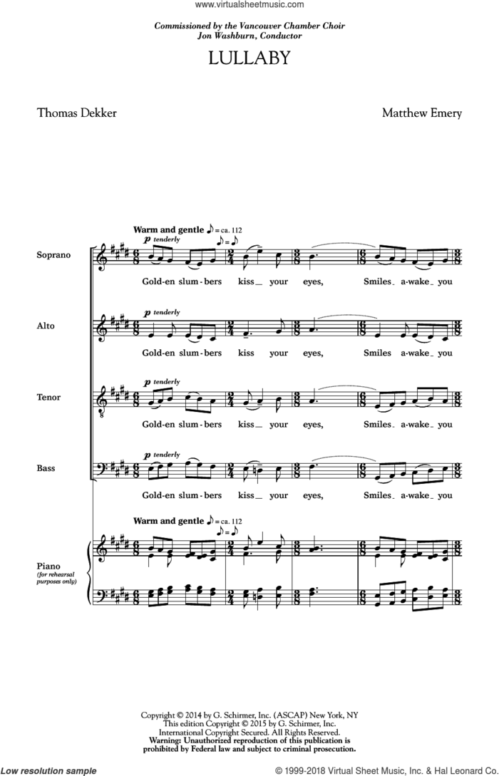 Lullaby sheet music for choir (SATB: soprano, alto, tenor, bass) by Matthew Emery and Thomas Dekker, classical score, intermediate skill level