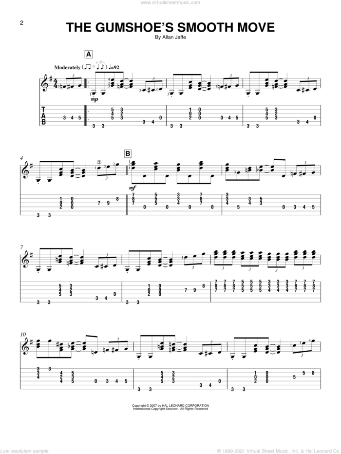 The Gumshoe's Smooth Move sheet music for guitar solo (easy tablature) by Allan Jaffe, easy guitar (easy tablature)